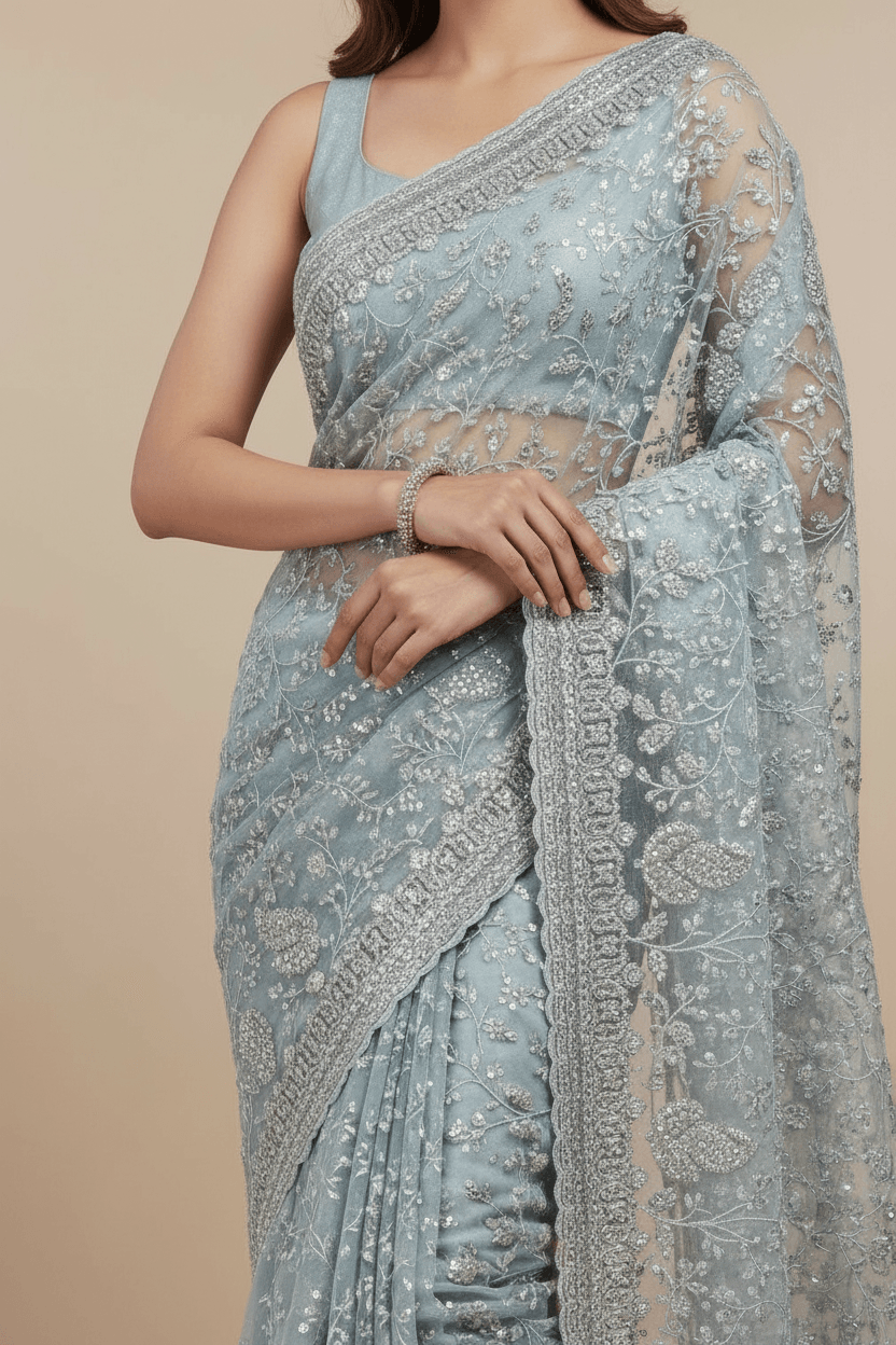 Blue Net Saree