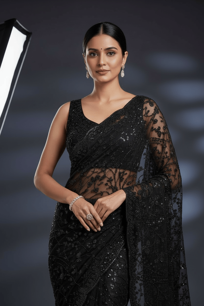 Black Net Saree
