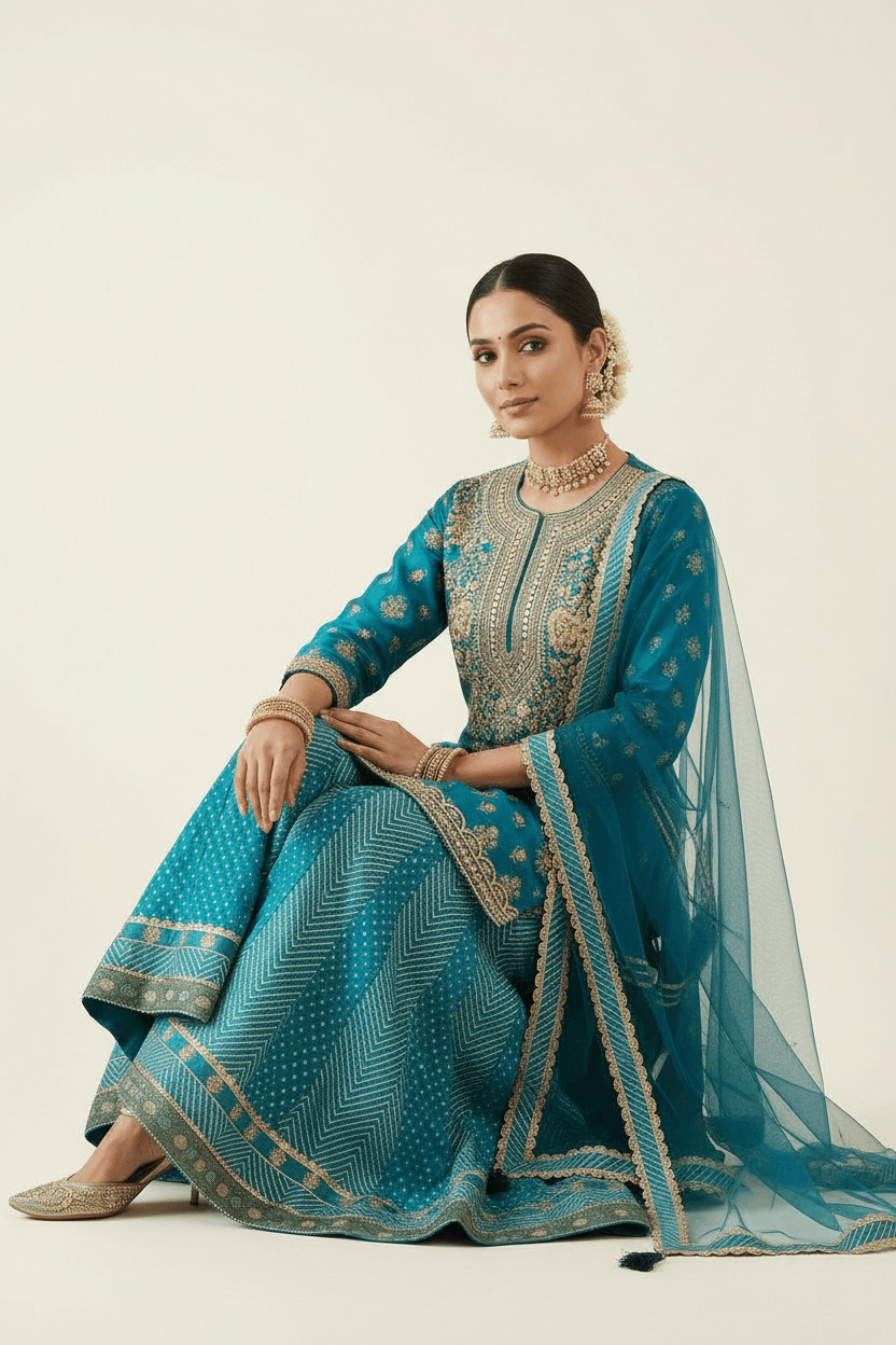 Morni - Teal Blue Sharara Set