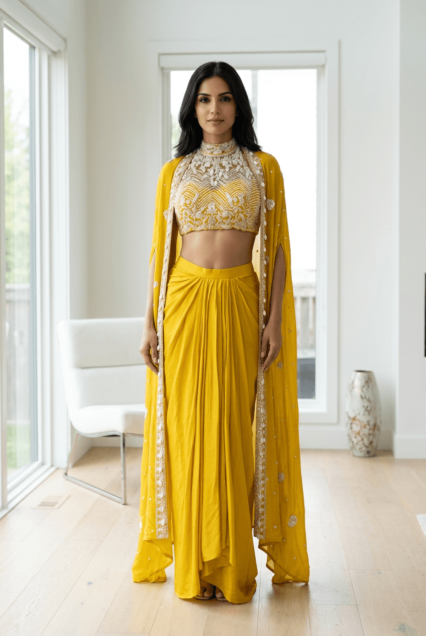 Surya - Yellow Drape Skirt & Cape Set