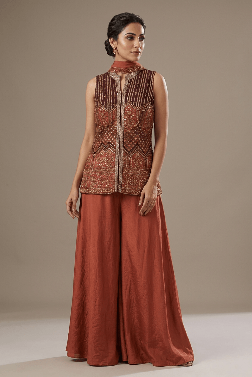 Aanchal - Rust Vest & Plazzo Set
