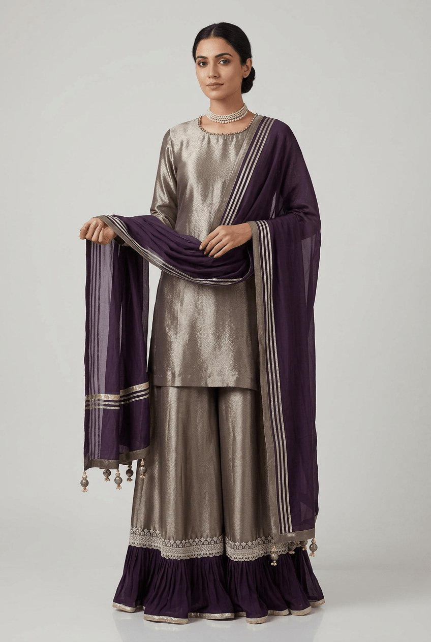 Roohi - Metalic Tissue Sharara Set