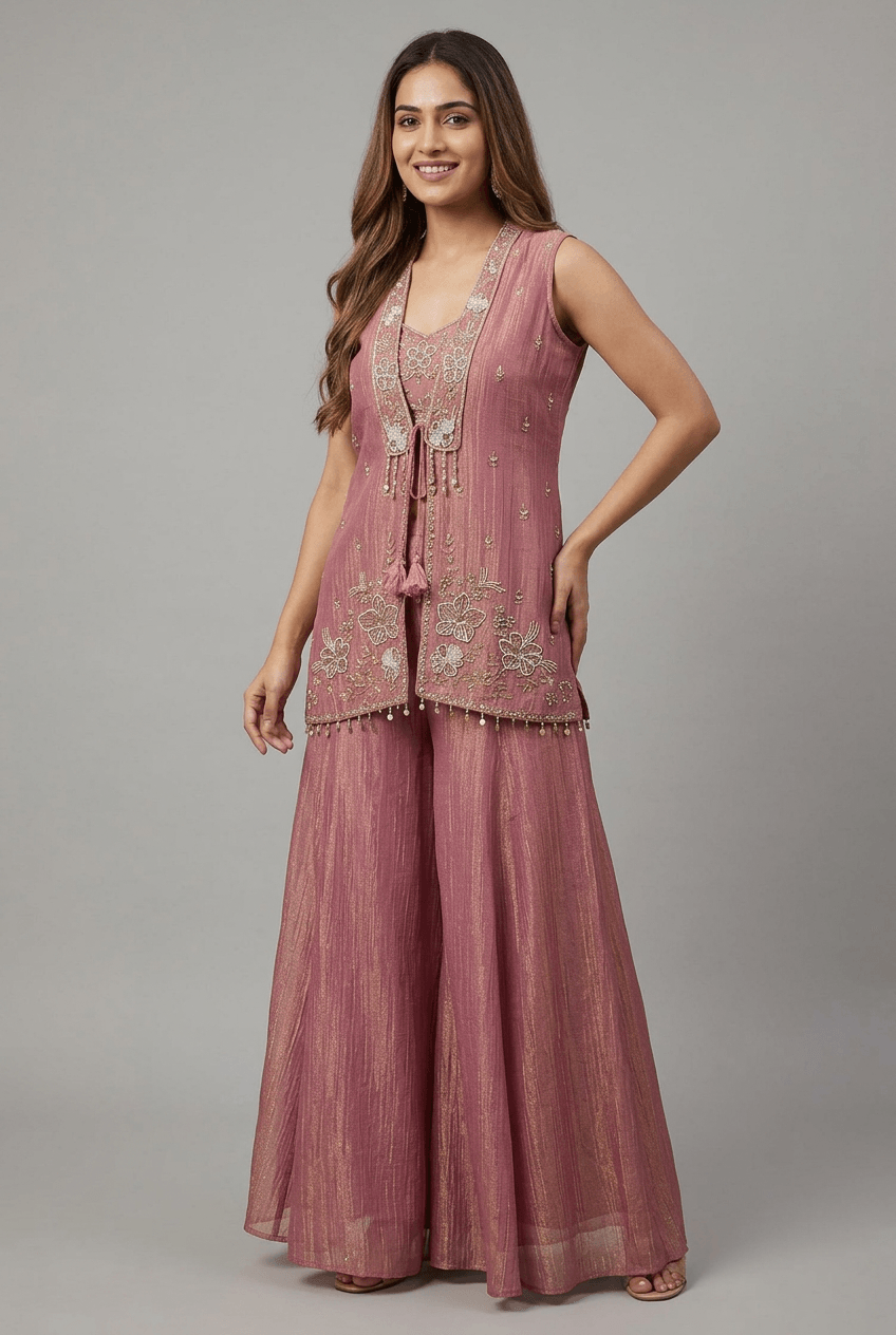 Seher - Dusty Pink Crush Tissue Plazzo Set