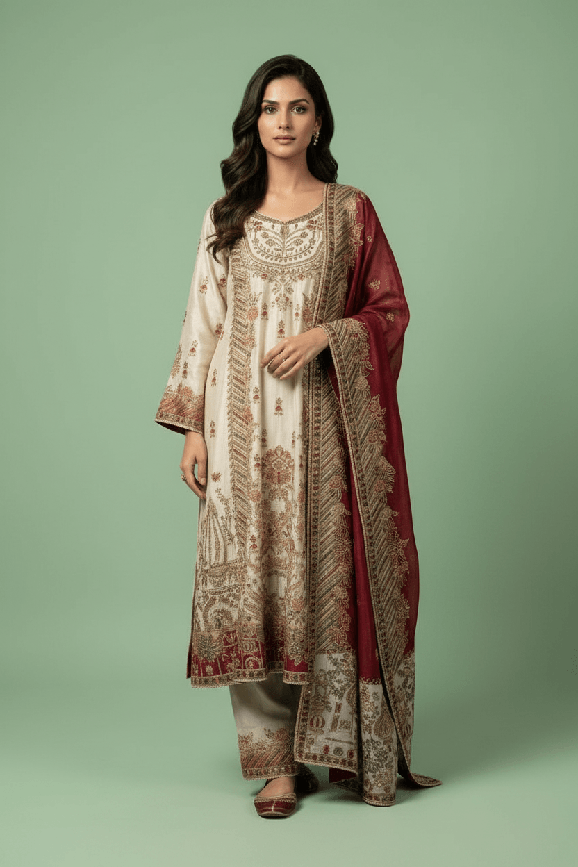 Samreen - Ivory & Maroon Crepe Suit Set