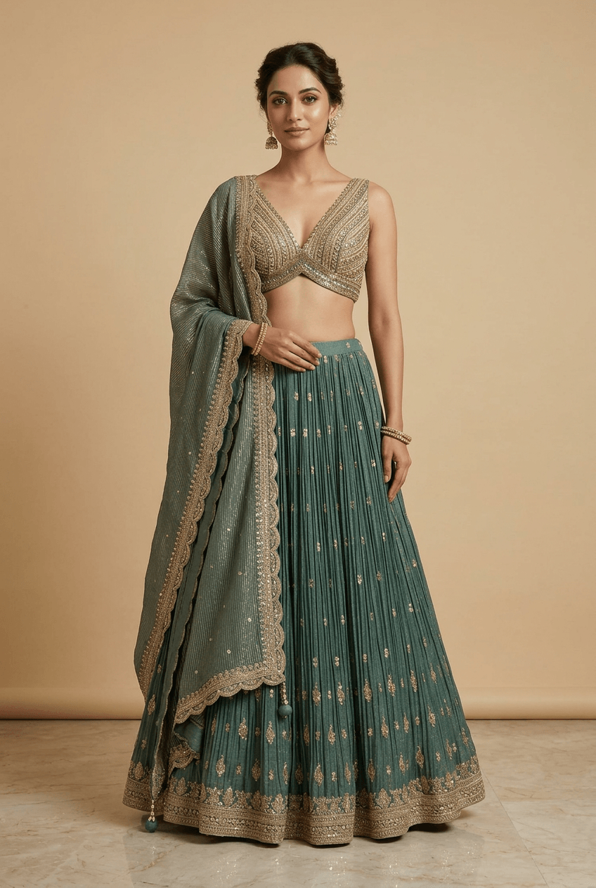Amrita - Teal Crinkle Chinon Lehenga
