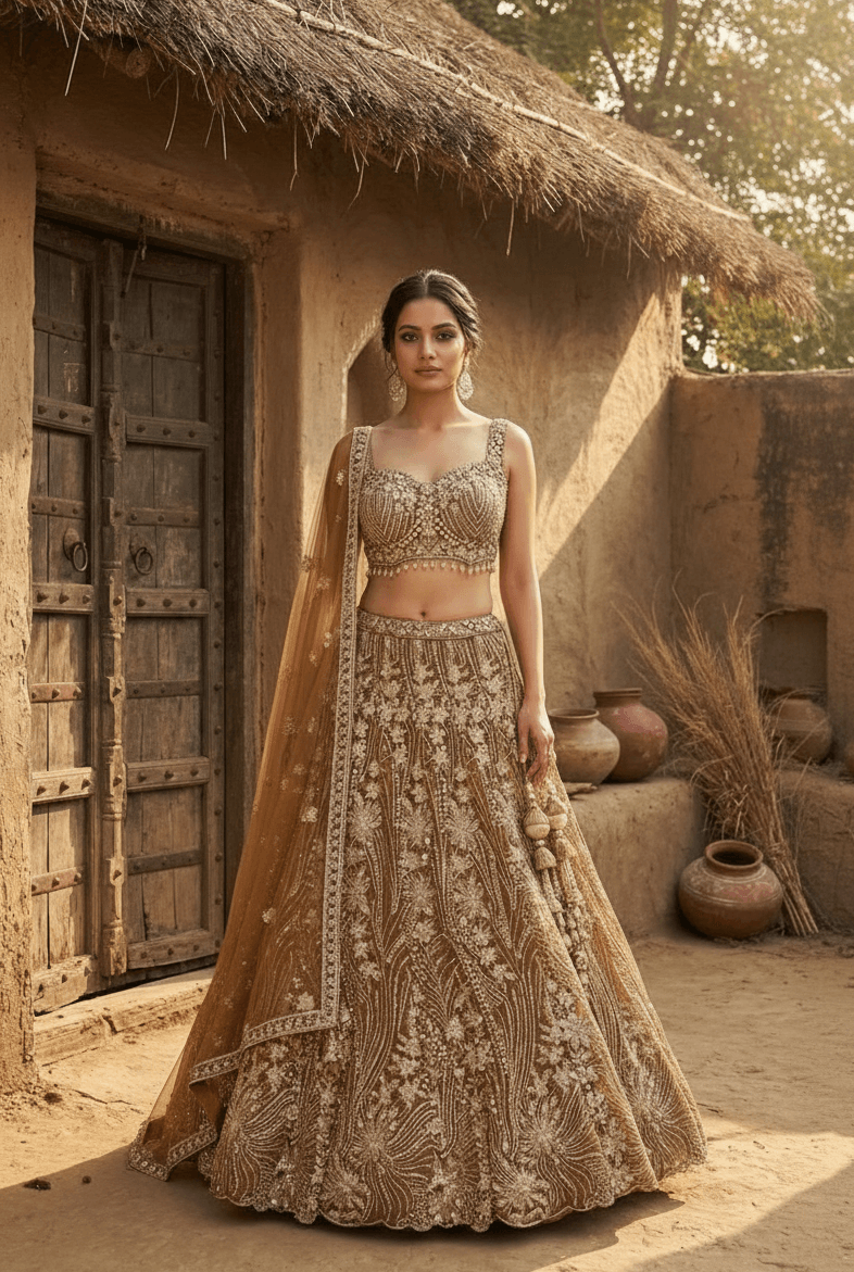 Sakshi - Mustard Net Lehenga