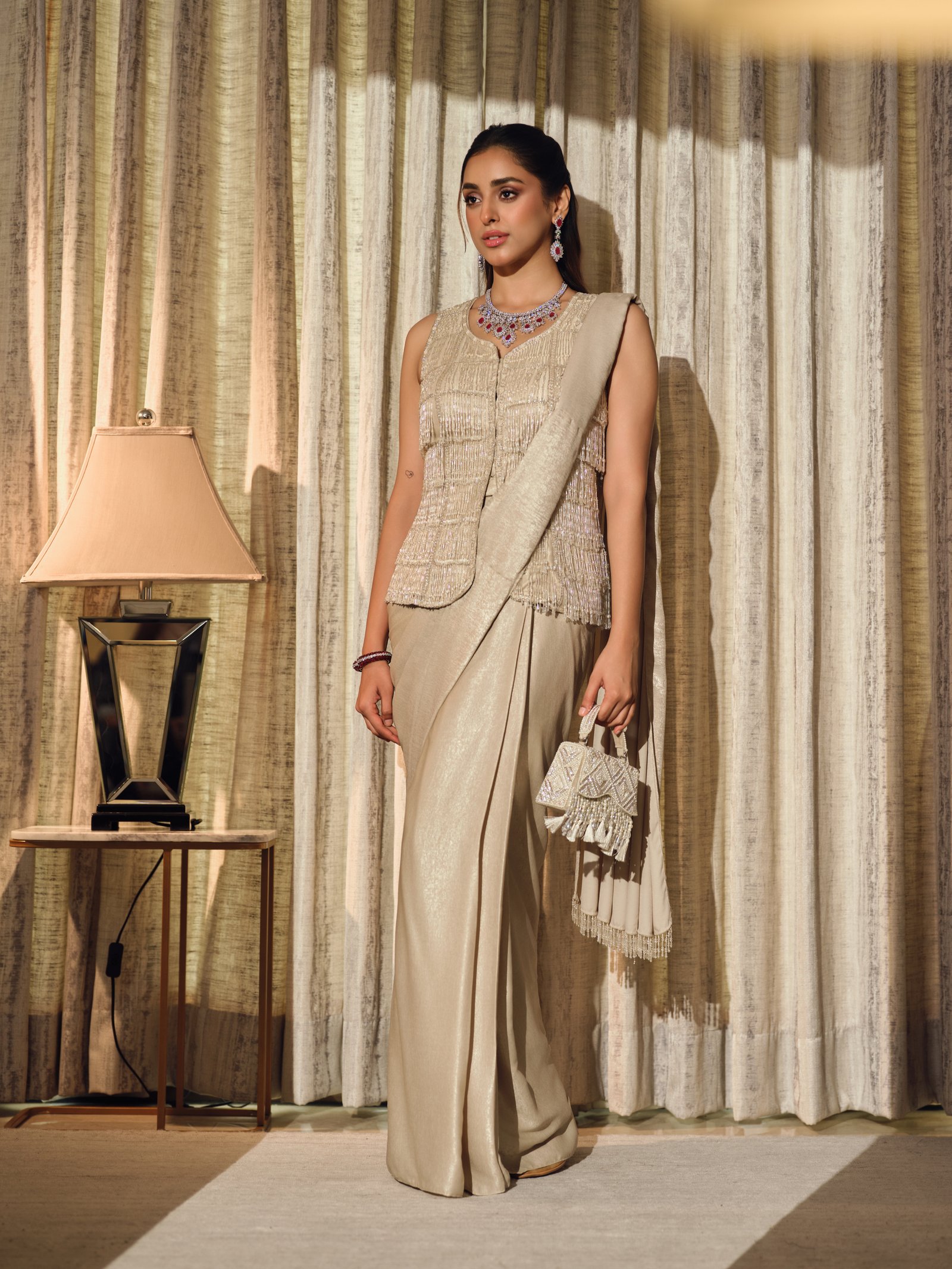 Suhani - Champagne Tassel Drape Saree