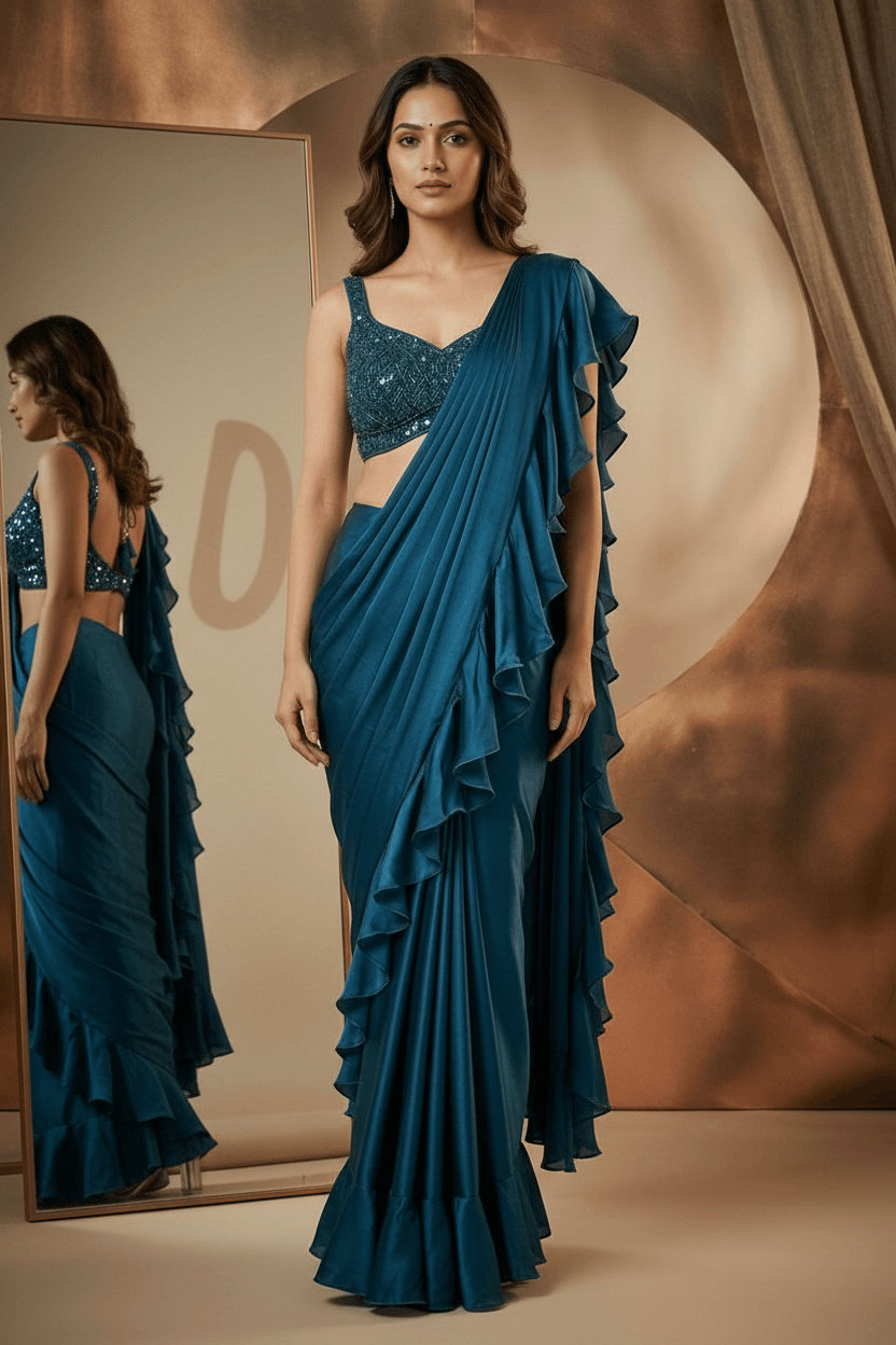 Rishaya - Navy Blue Drape Saree