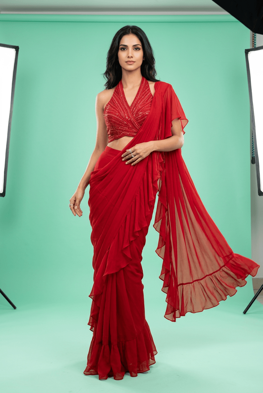 Laila - Red Halter Blouse Drape Saree