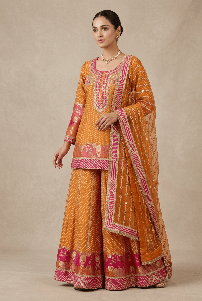 Zar Gul - Rust & Rani Sharara Set