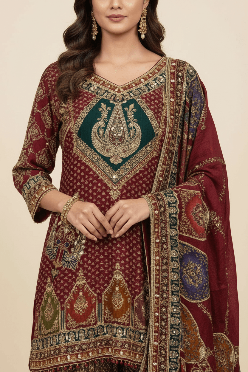 Roop - Maroon Crepe Sharara Set