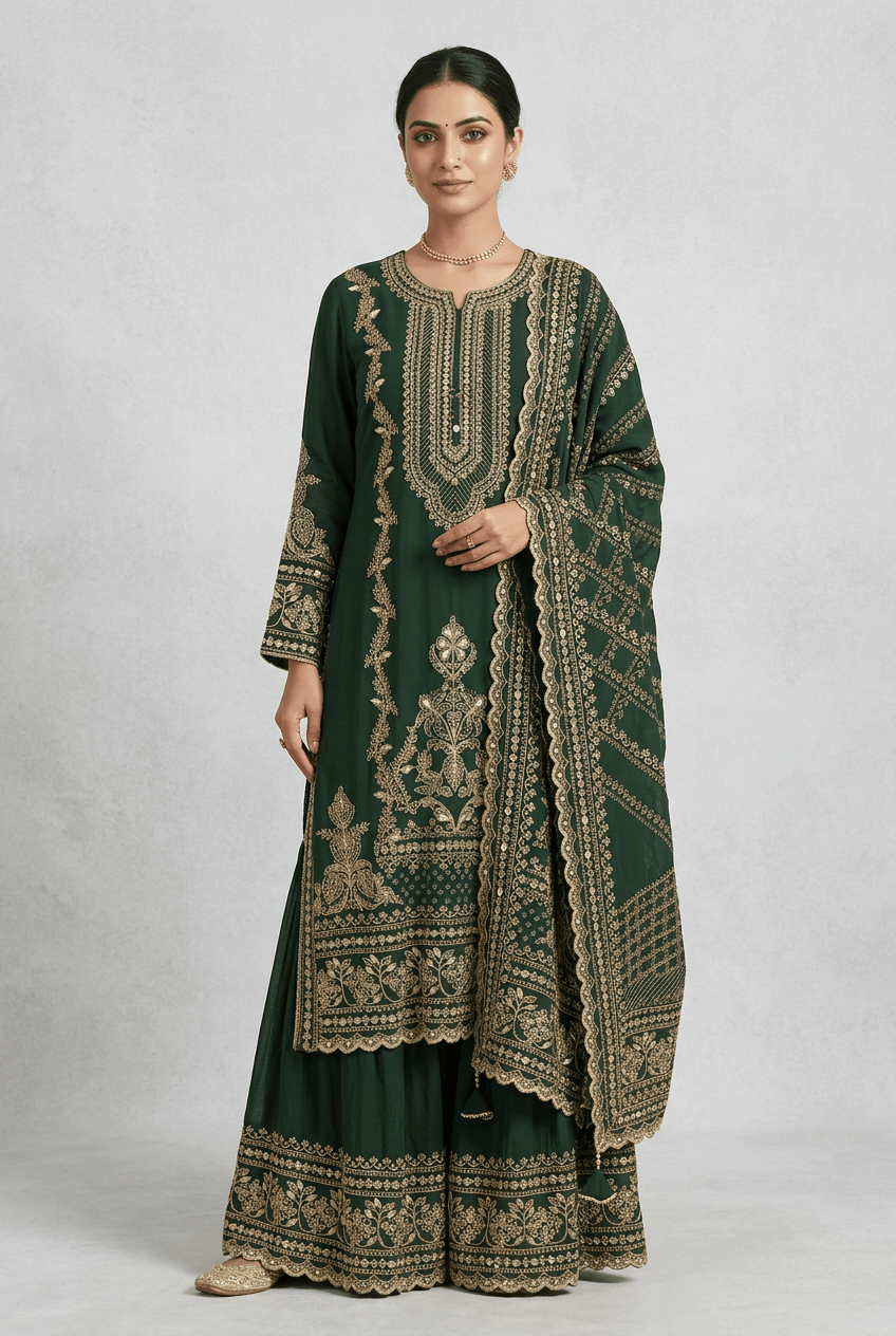 Deepti - Forest Green Crepe Sharara Set