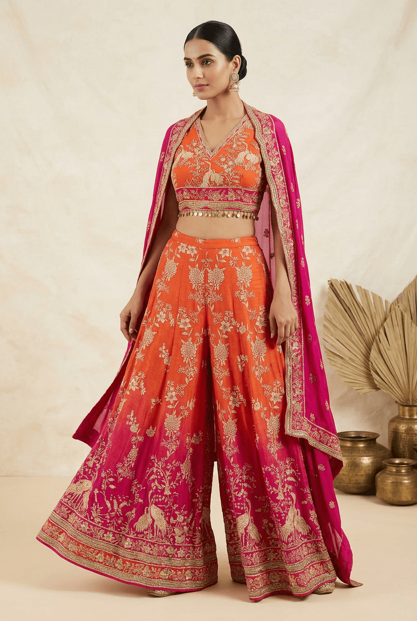 Surkhi - Rust & Rani Crepe Cape Set