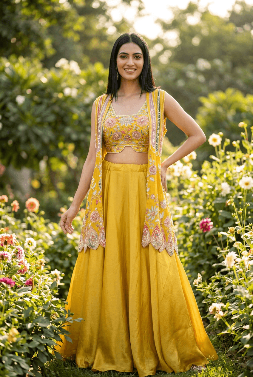 Anisha - Yellow Chinon Lehenga Cape Set