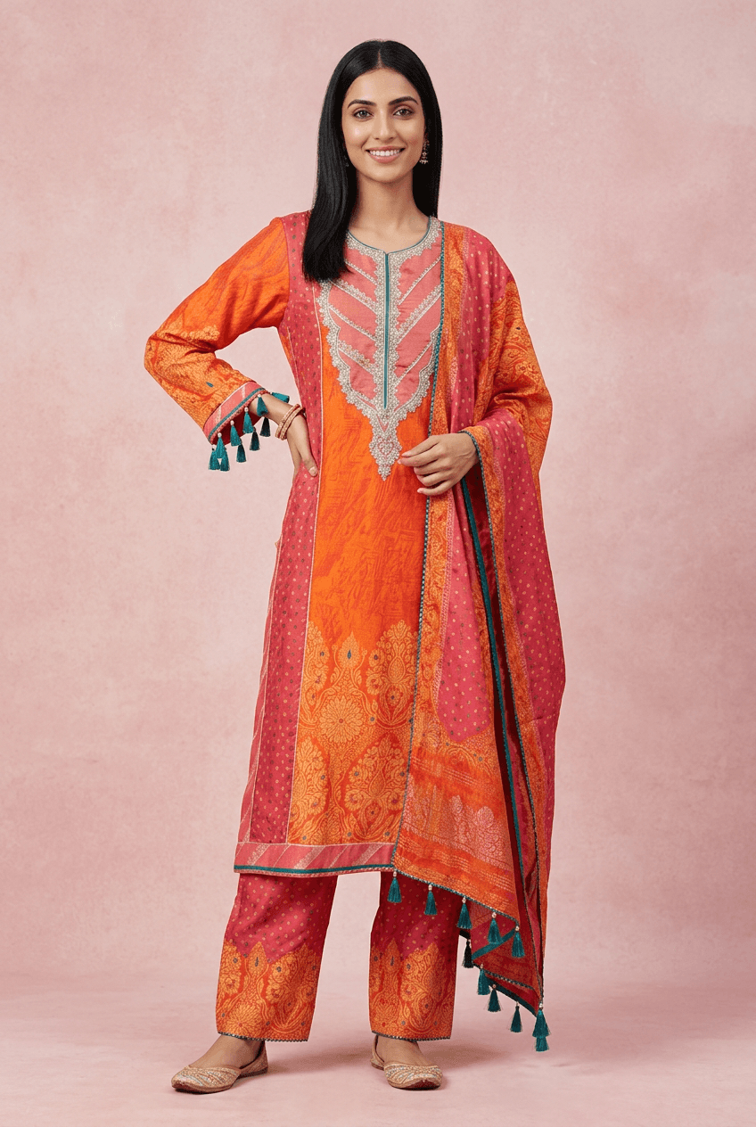Geet - Sunset Orange Silk Suit Set