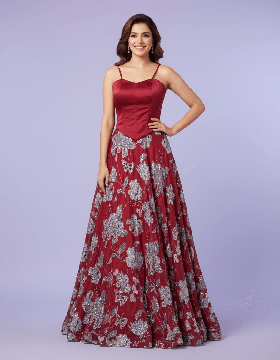Meghna - Satin Corset & Floral Organza Lehenga