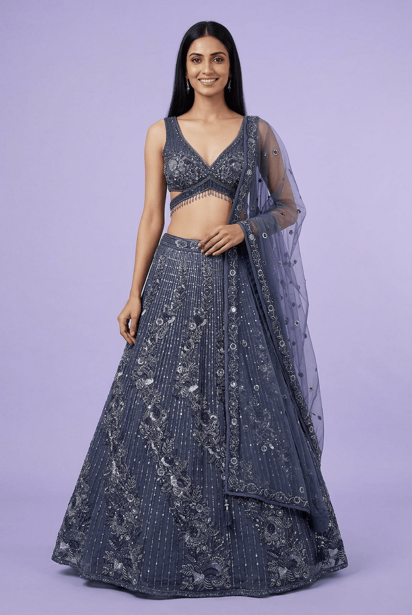 Saisha - Navy Blue Net Lehenga