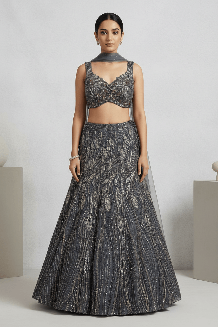 Ridhima - Navy Blue Sequins Fish-cut Lehenga