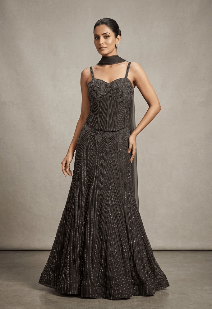 Niya - Chocolate Brown Corset & Fishcut Lehenga
