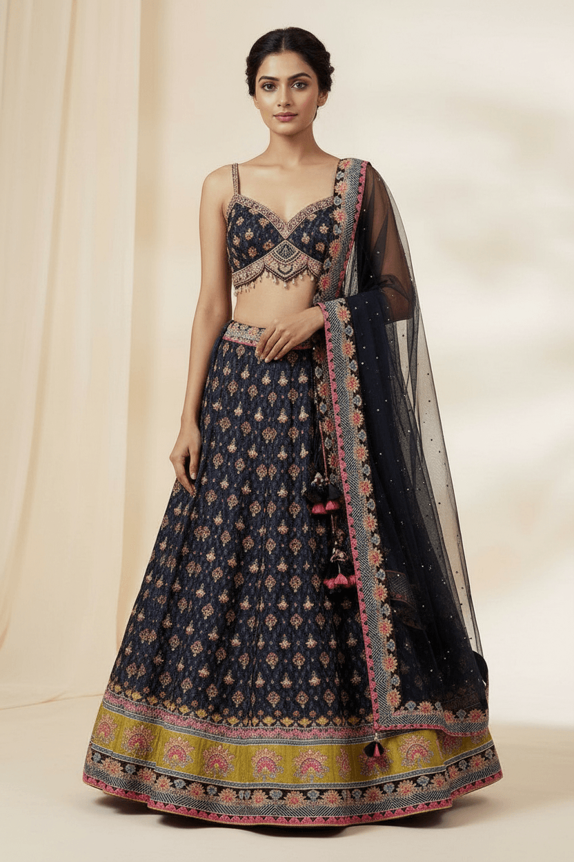 Radhika - Charcoal Black, Pink & Lime Silk Lehenga