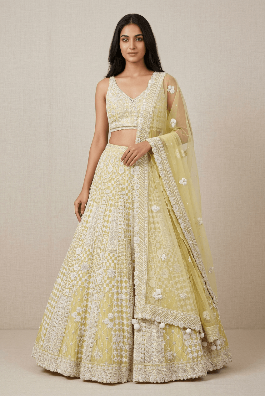 Sonam - Butter Yellow Net Lehenga
