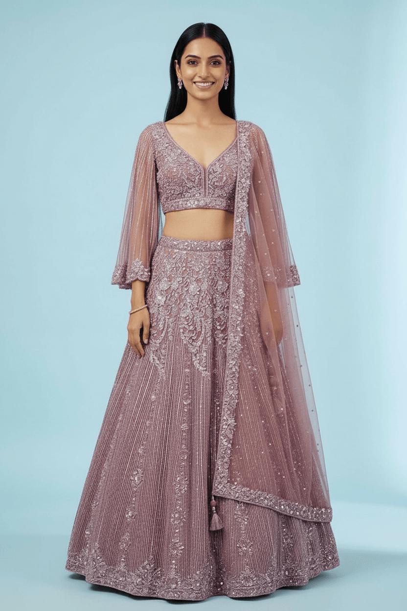 Faiza - Hand Embellished Wine Net Lehenga