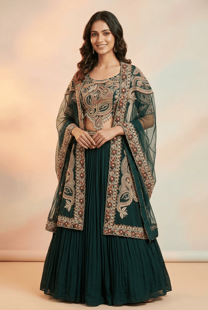 Teja - Forest Green Lehenga Cape Set
