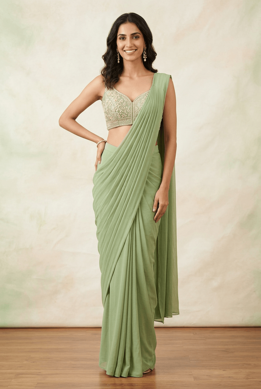 Mehek - Sage Green Drape Saree
