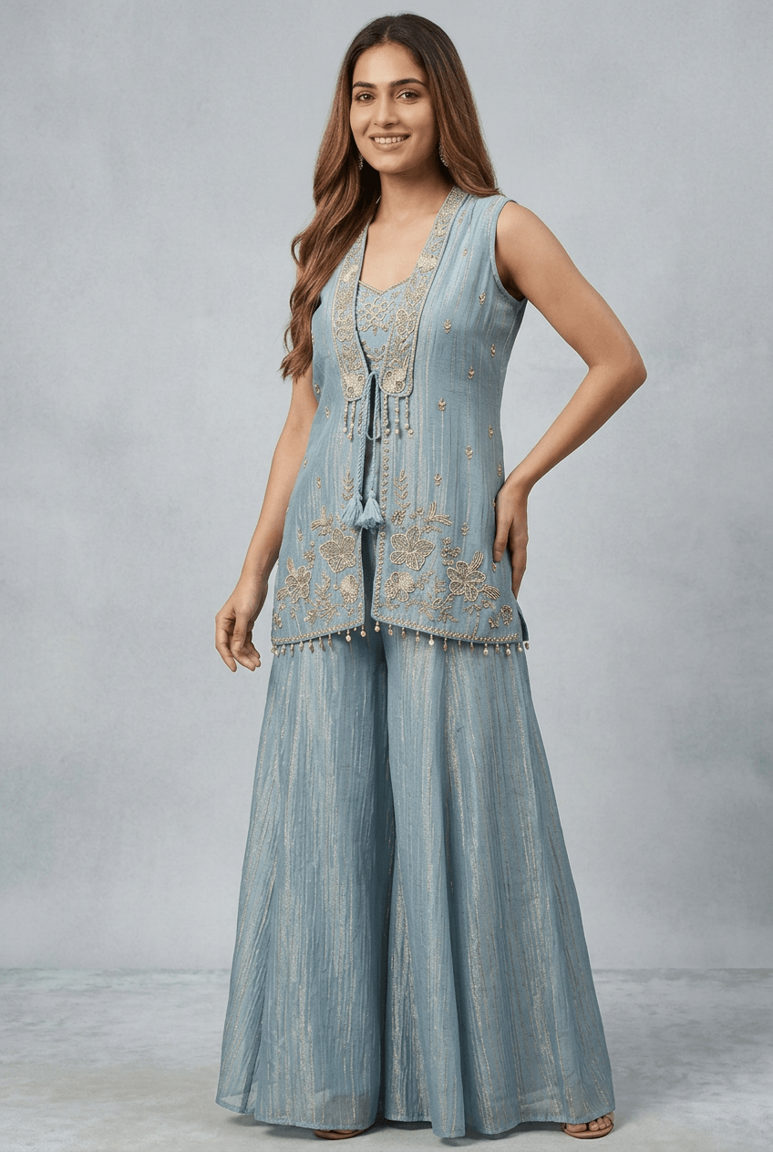 Seher - Sky Blue Crush Tissue Plazzo Set