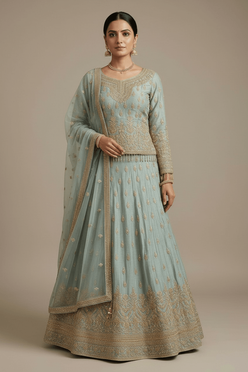 Priya - Sky Blue Tissue Lehenga
