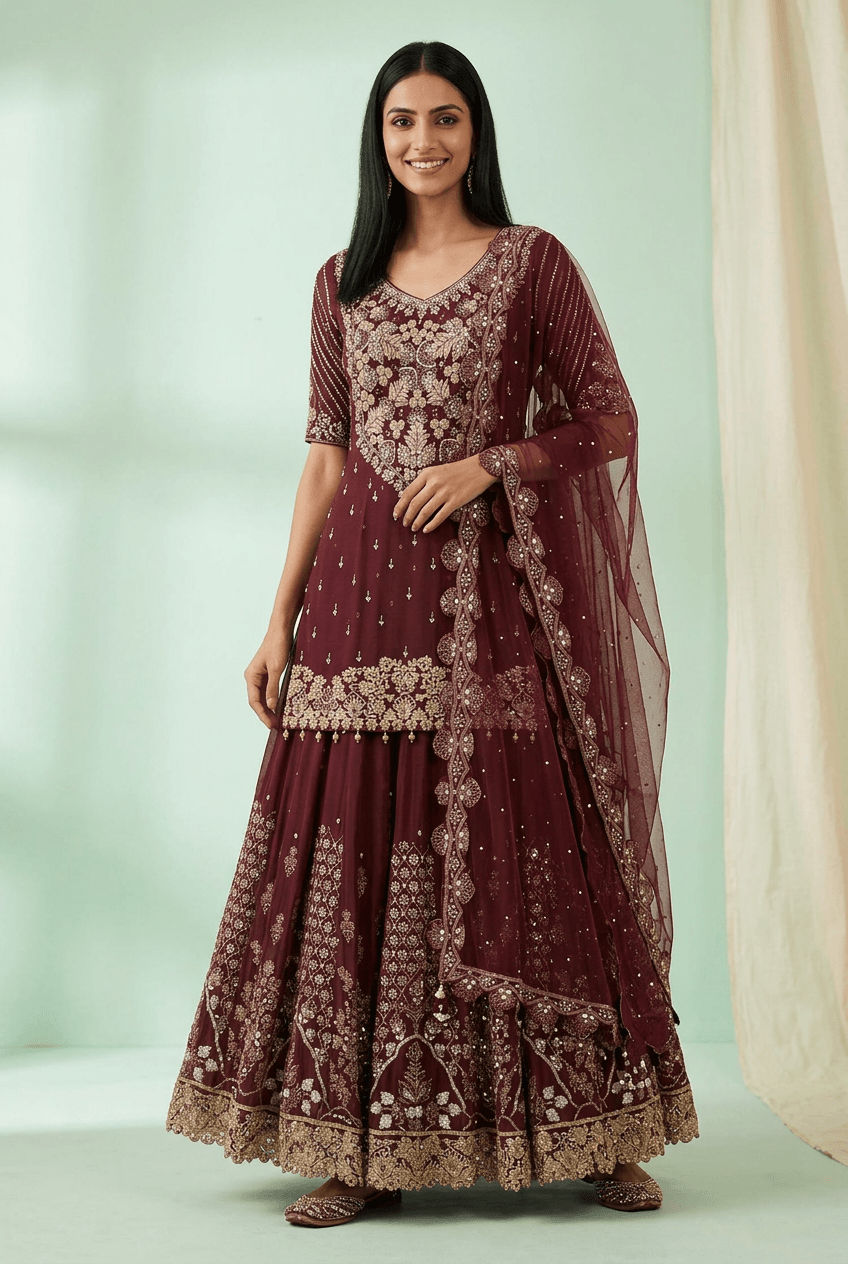 Arpana - Maroon Long Kurti Lehenga