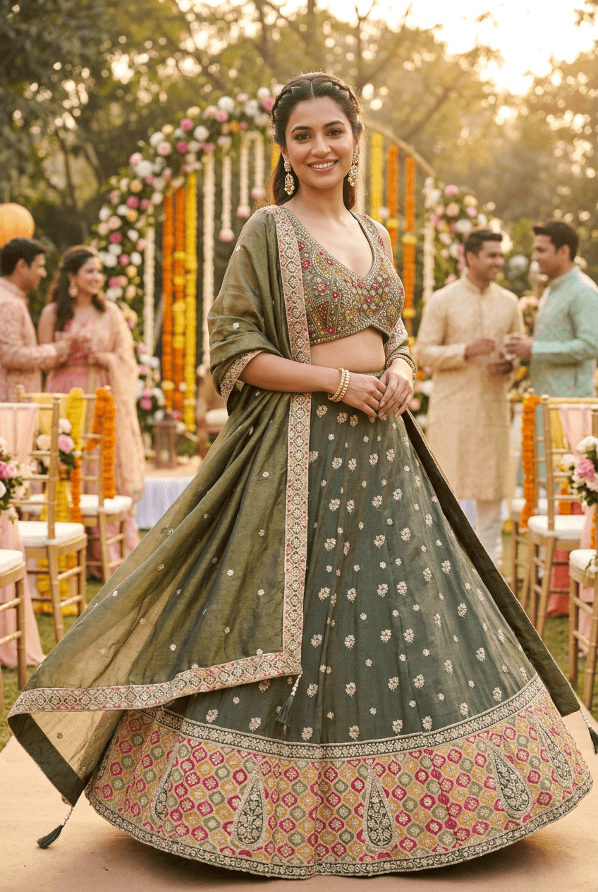 Ragini - Mehendi Green Tissue Lehenga Set