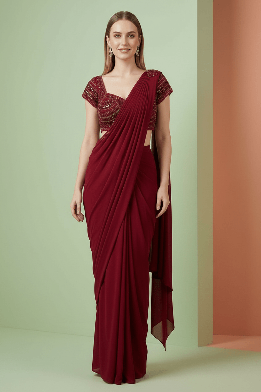 Vani - Maroon Lycra Drape Saree