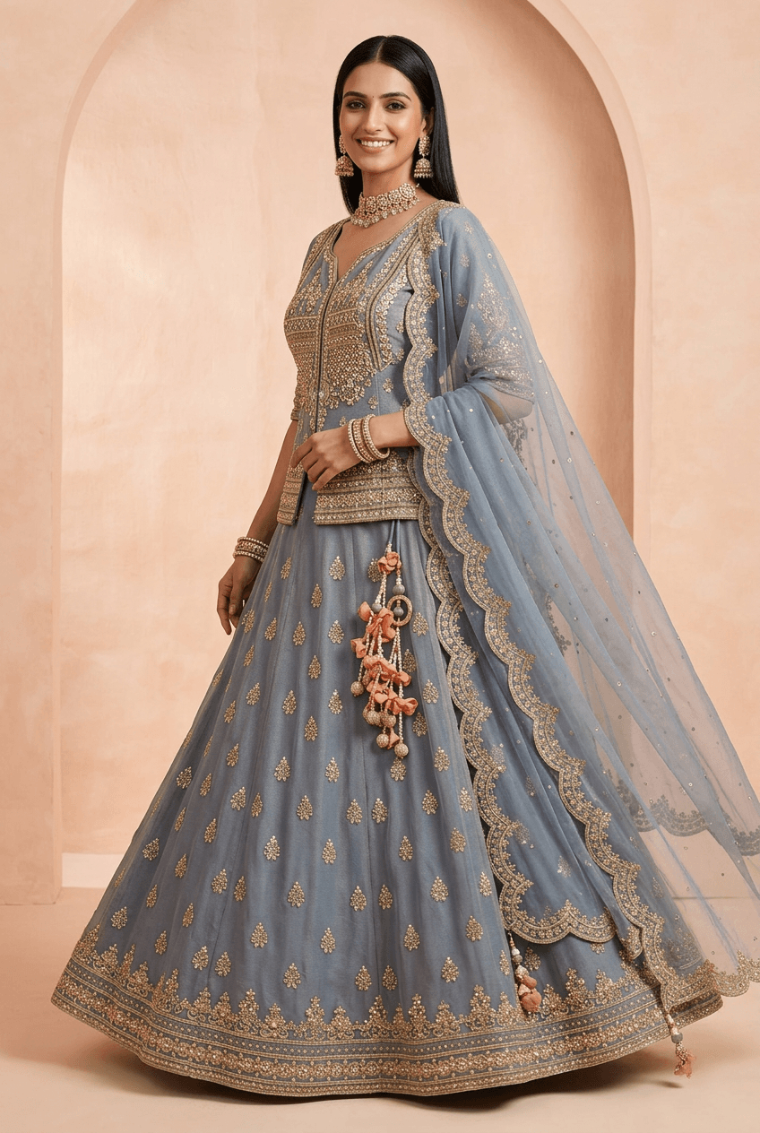 Arpita - Blue Tissue Lehenga Set