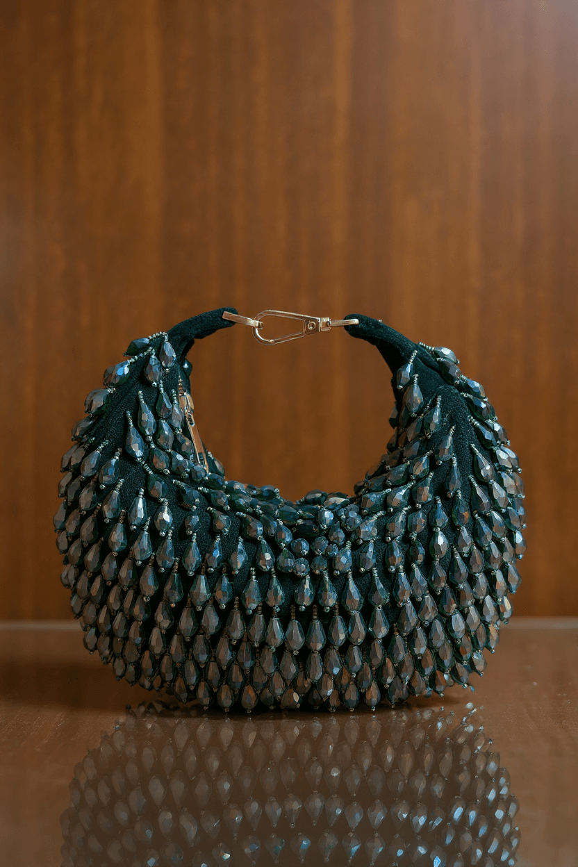Beaded Crescent Bag - Green (Shiny)