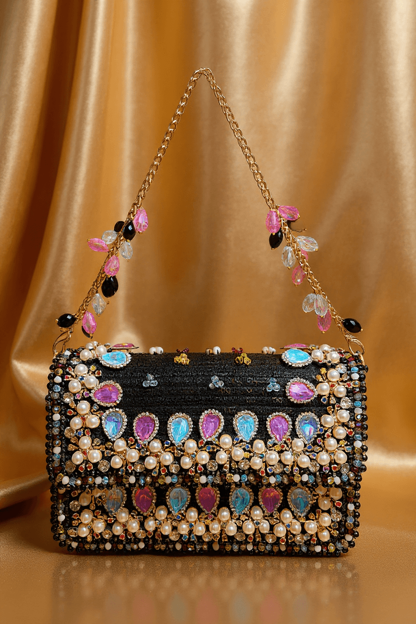 Black Clutch With Multicolour Stones