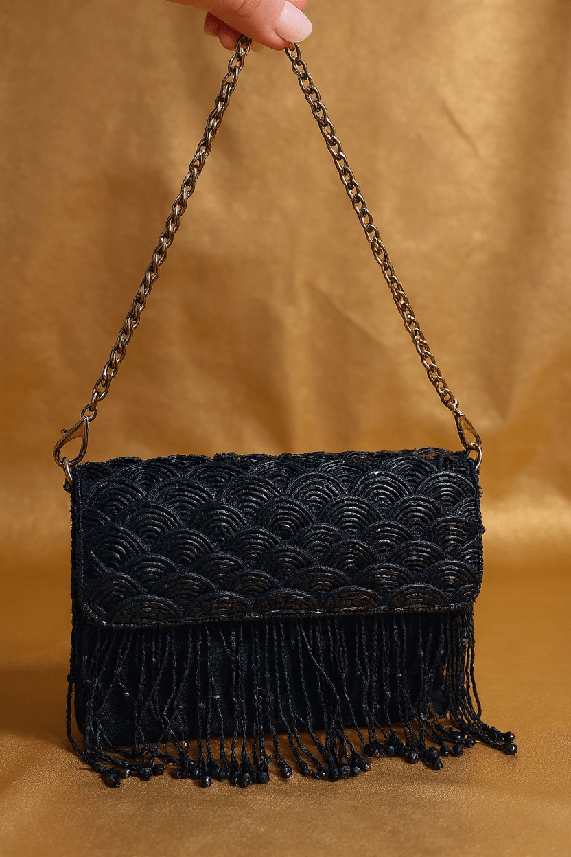 Black Cutdana Bag With Fringe (Mini)