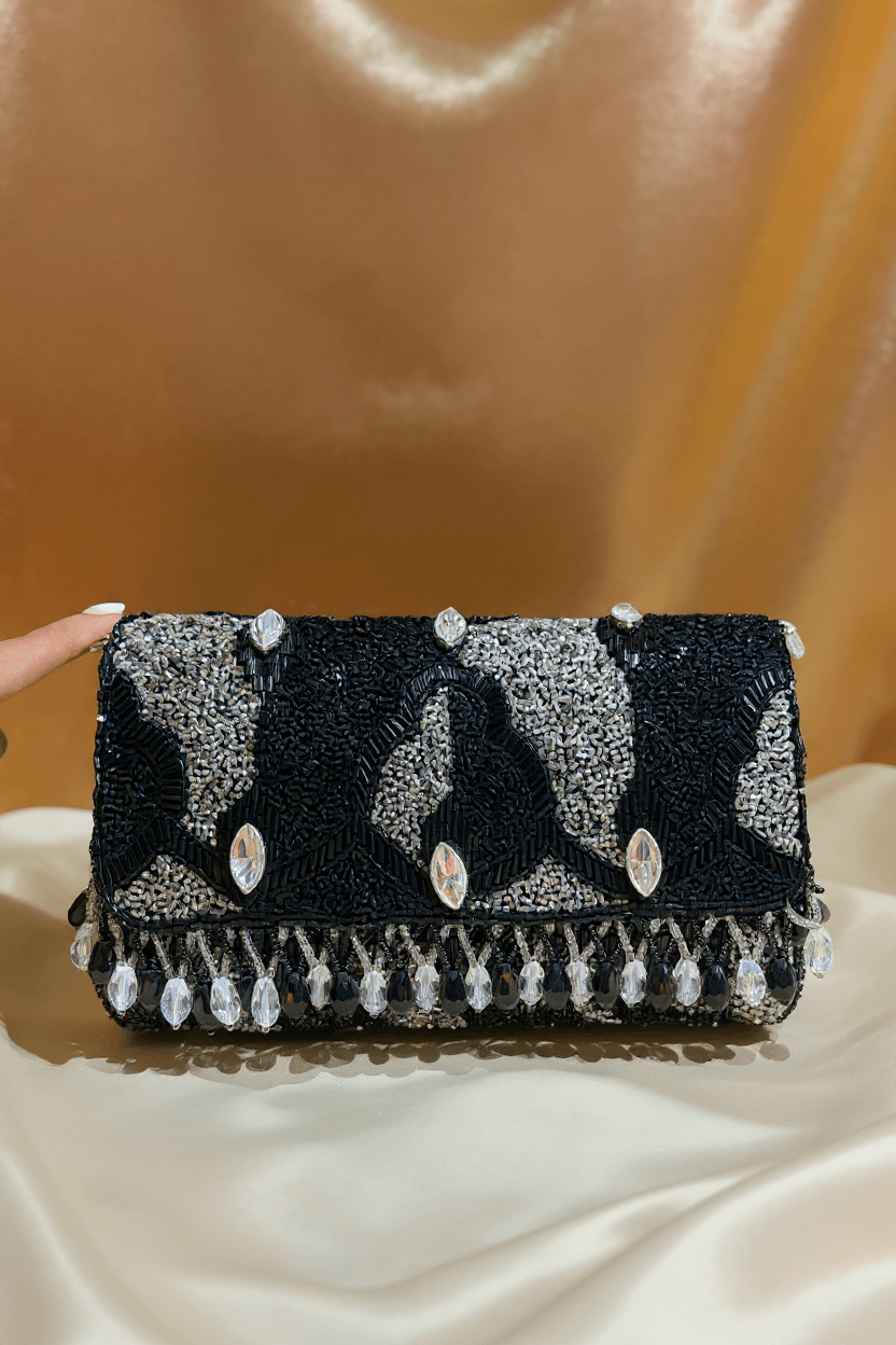Black & Silver Stone Work Clutch