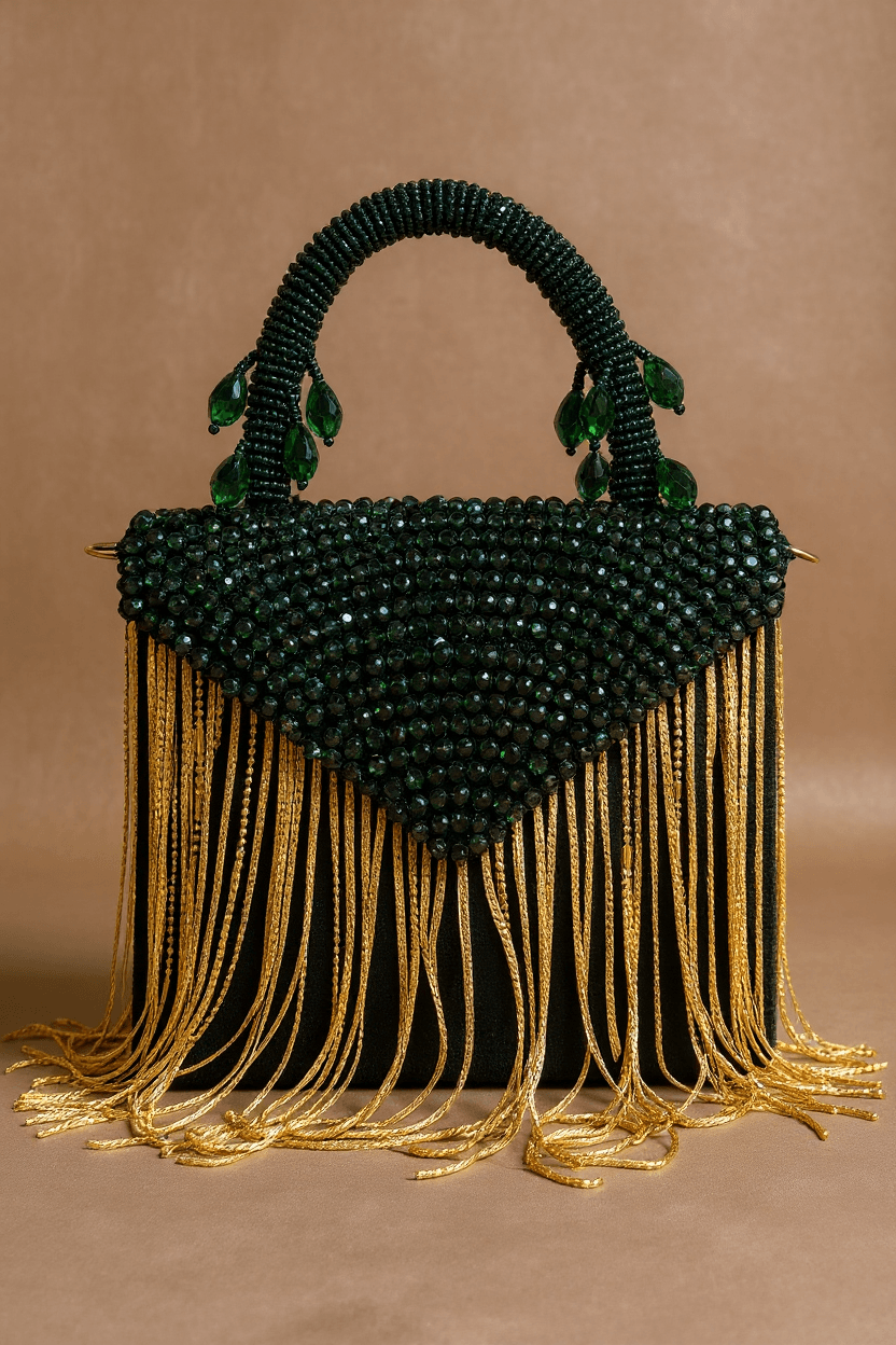 Emerald Crystal Purse With Gold Fringe (Mini)