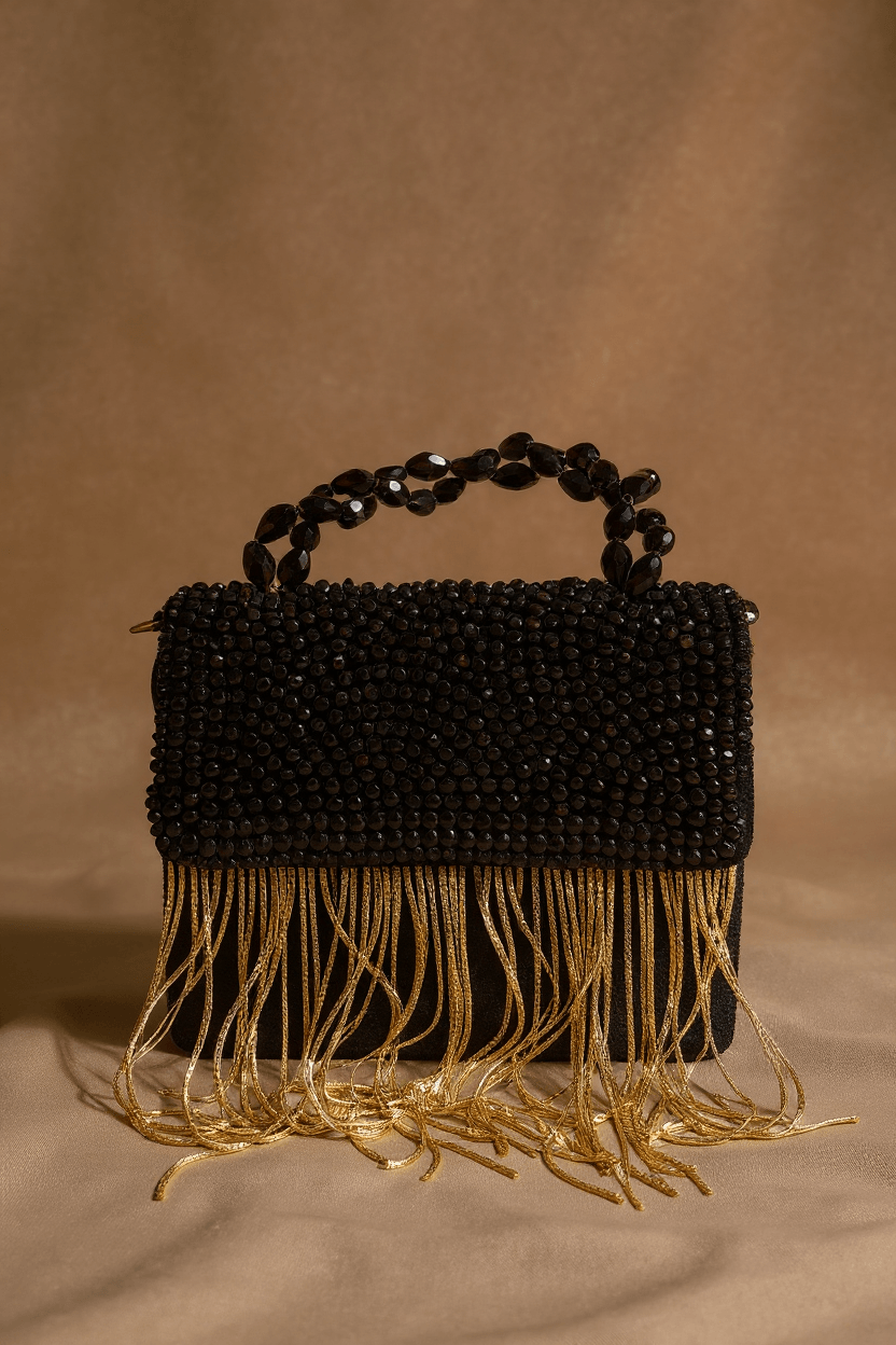 Black Crystal Bag With Gold Fringe (Mini)