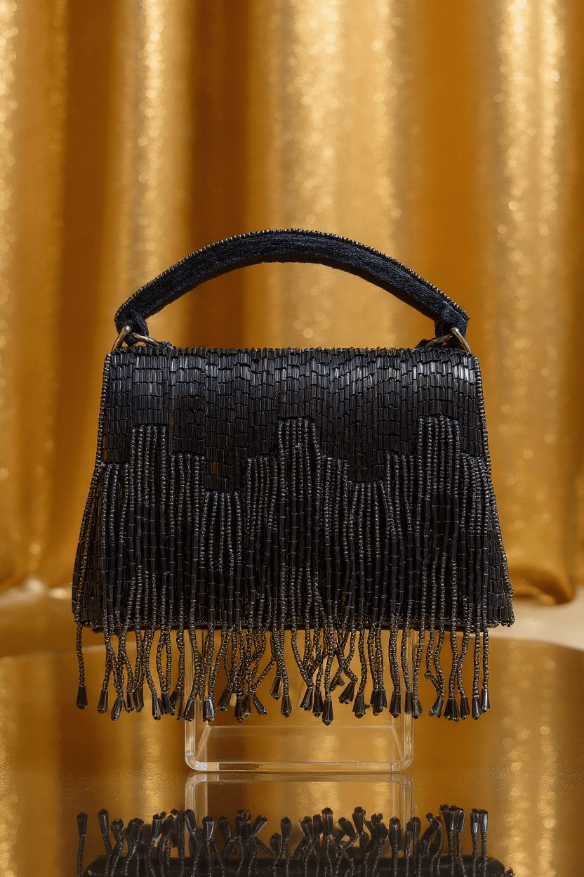Black & Silver Cutdana Bag With Fringe