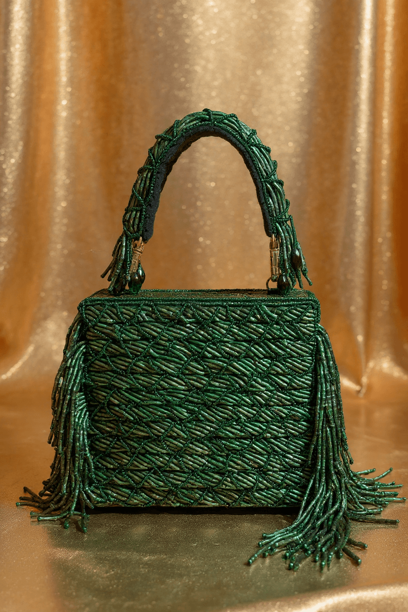 Emerald Green Cutdana Clutch With Fringe