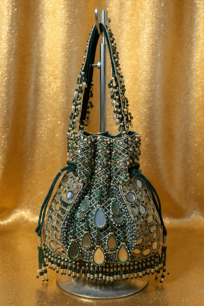 Mirror Work Potli - Emerald Green