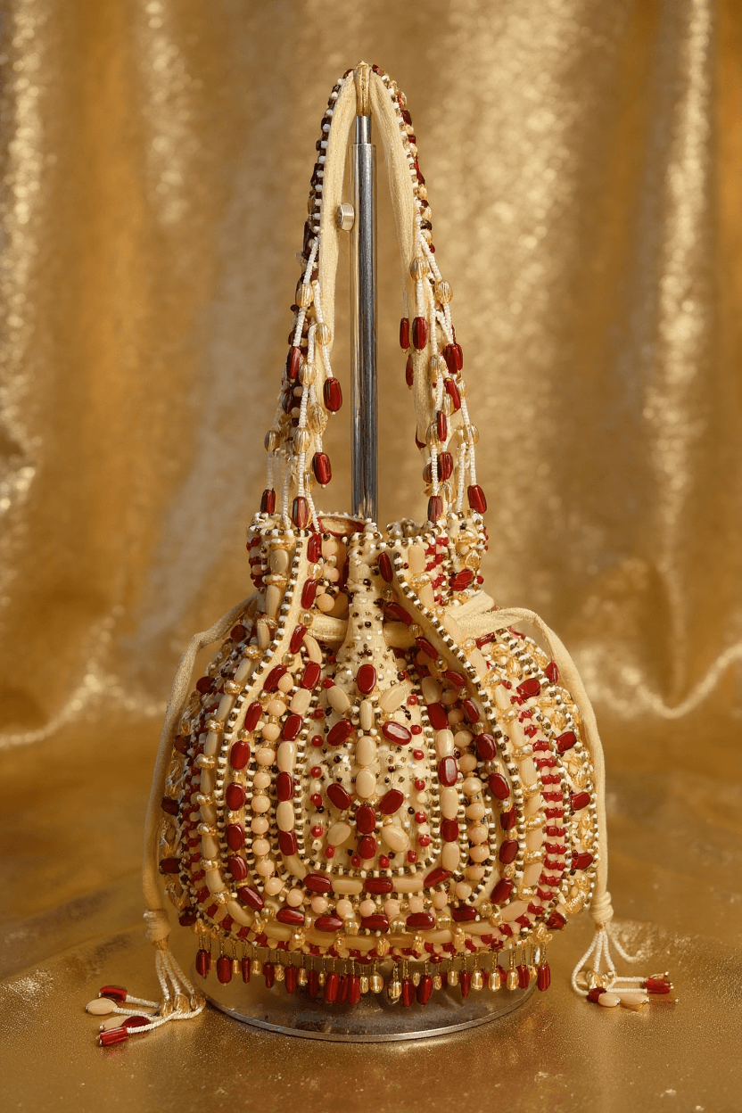 Ivory & Red Beaded Potli