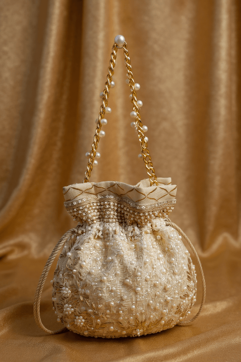 Beige Potli With Gold & Pearl Detailing