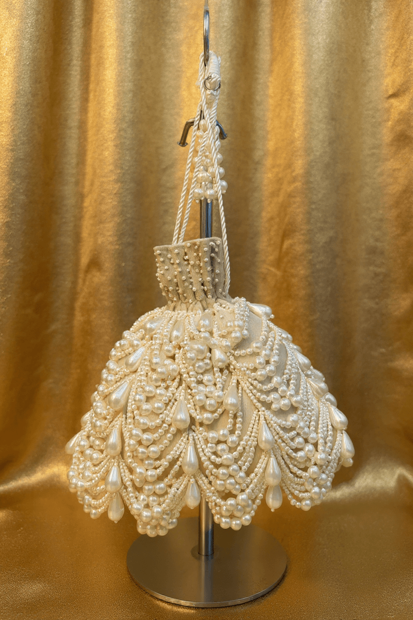 Ivory Bead & Pearl Potli (Suede Base)