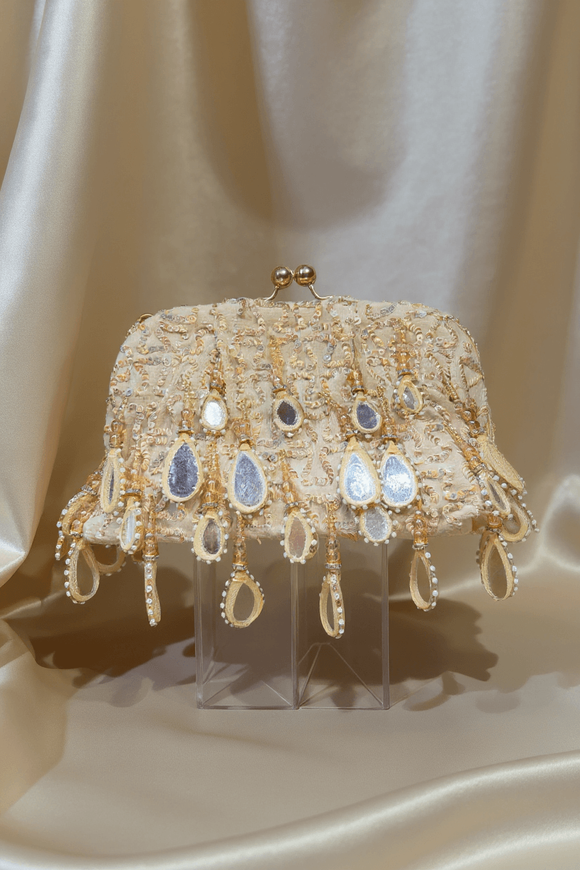 Beige Mirror Work Pouch Clutch