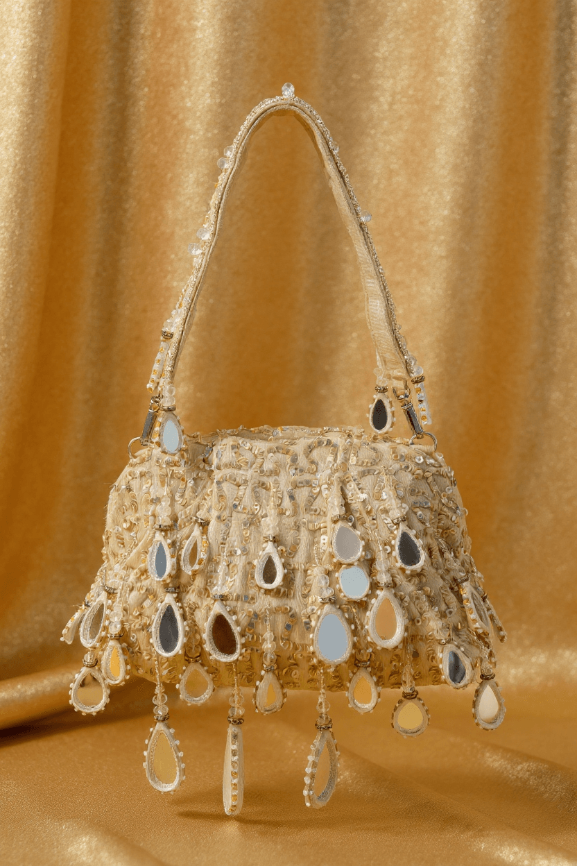 Beige Mirror Work Purse