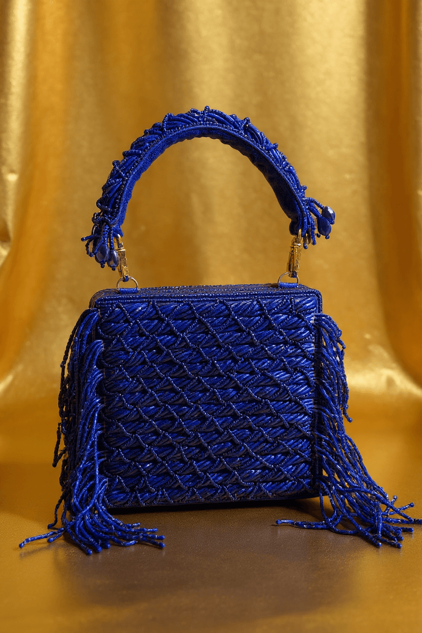 Cobalt Blue Cutdana Clutch With Fringe