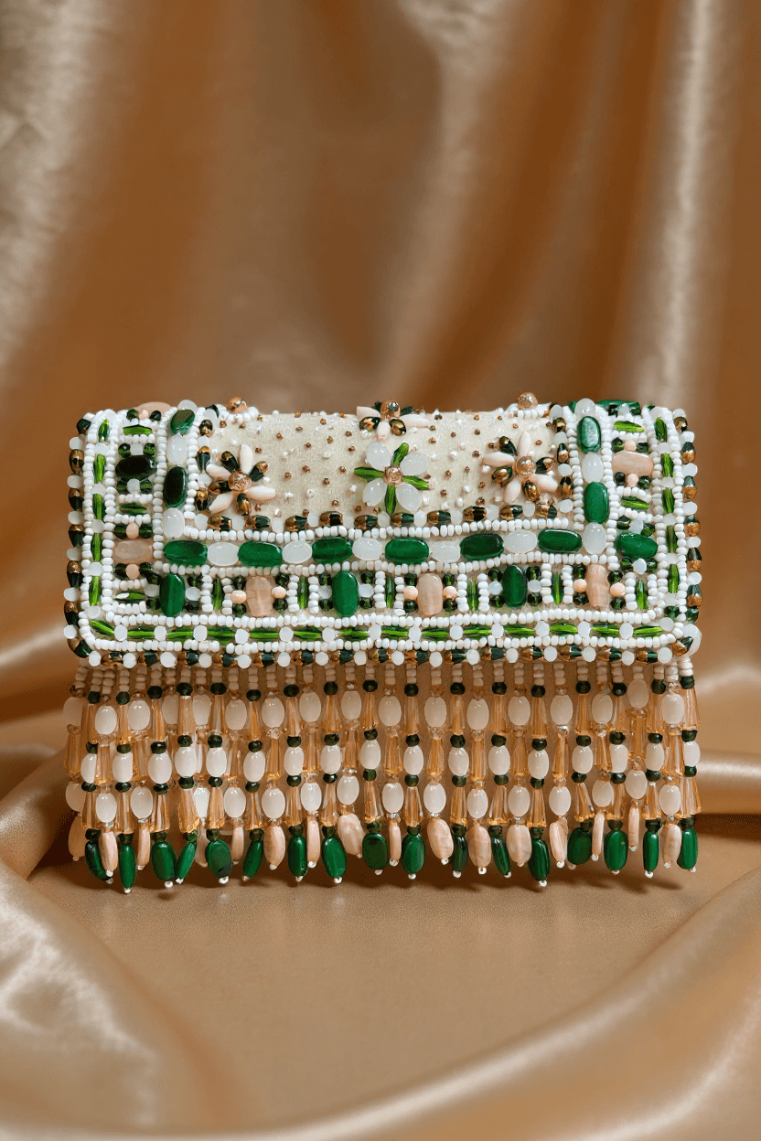 Ivory Clutch With Emerald & Peach Beads
